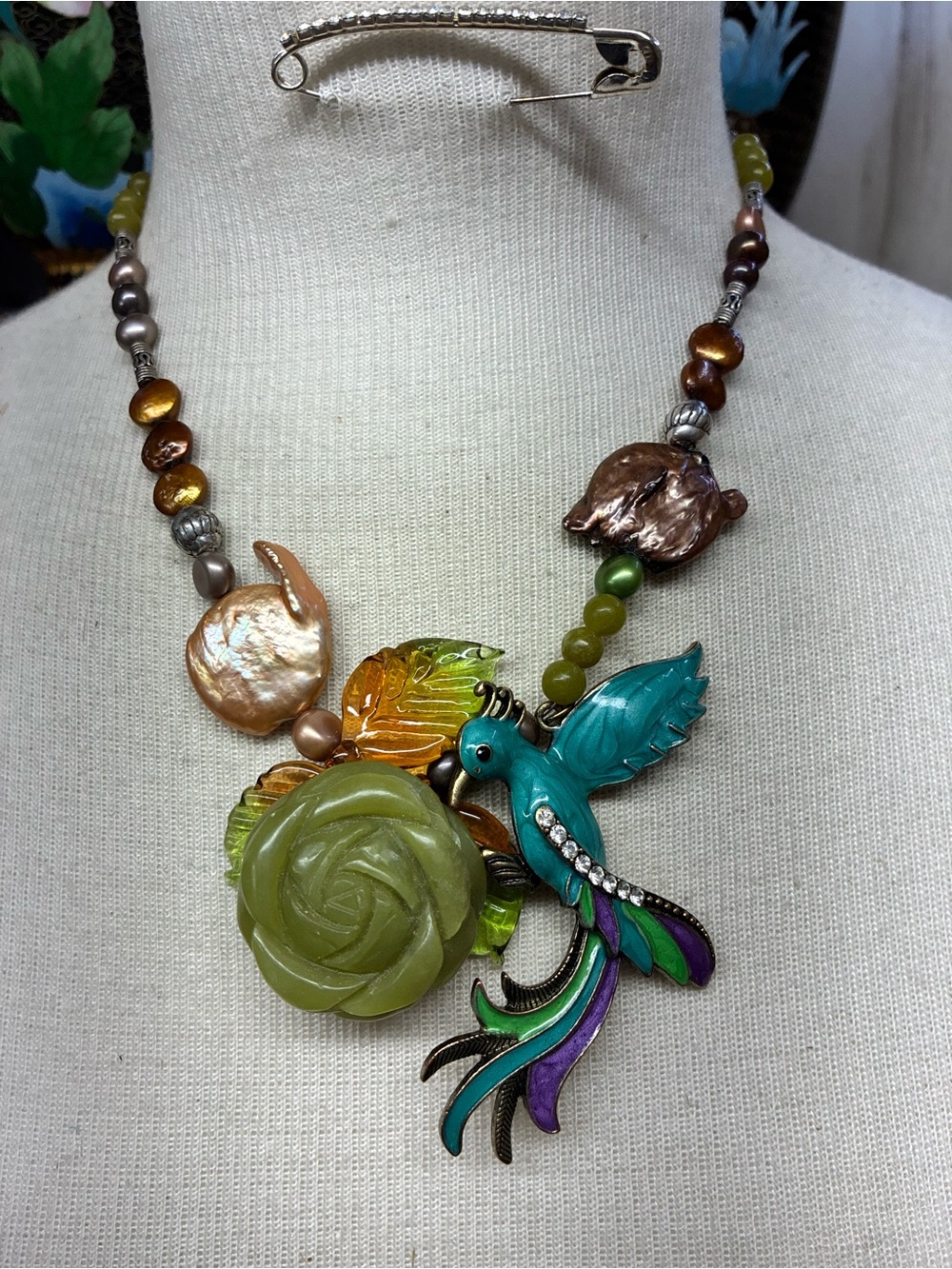 Artisan Green Rose & Teal Bird Pendant Necklace - Statement Women’s Jewelry